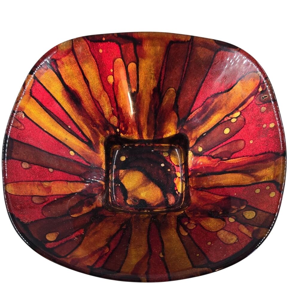 Pier One Art Glass Glossy Square Decorative Bowl Abstract red, orange, black